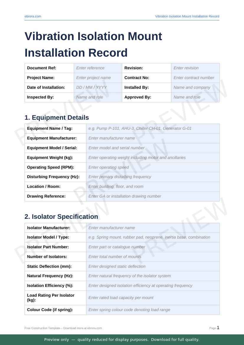 Preview of Vibration Isolation Mount Installation Record — first two pages at A4 size
