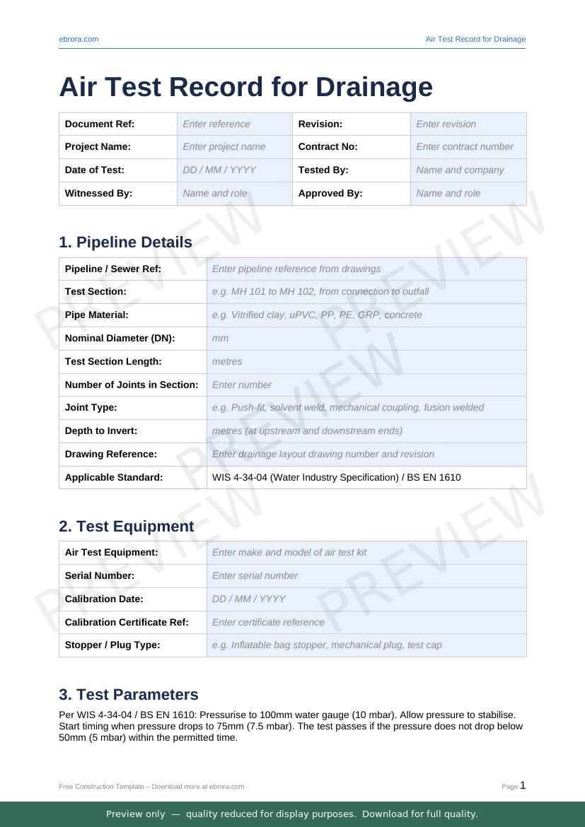 Preview of Air Test Record for Drainage — first two pages at A4 size