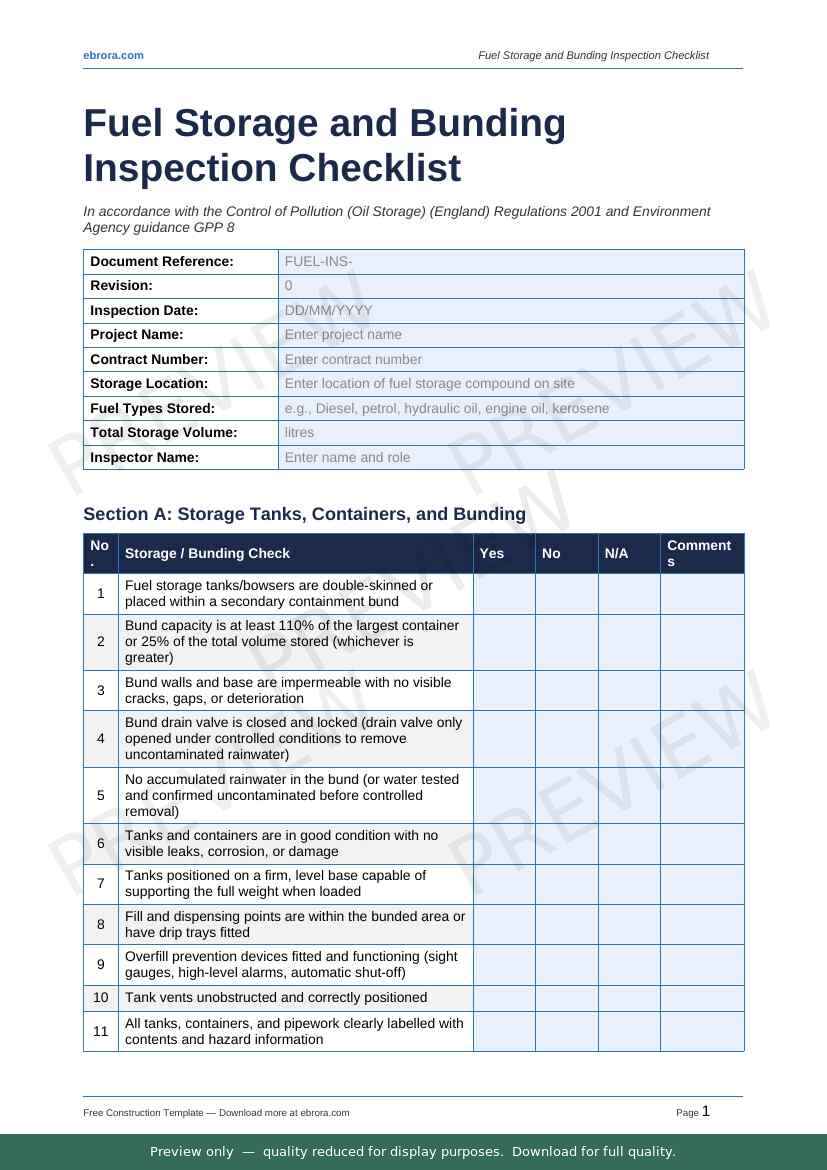 Preview of Fuel Storage and Bunding Inspection Checklist — first two pages at A4 size