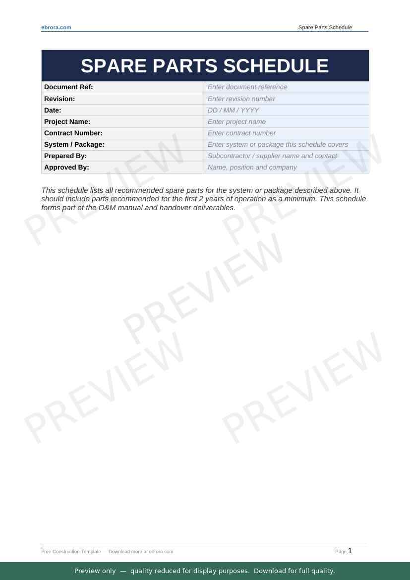 Preview of Spare Parts Schedule — first two pages at A4 size