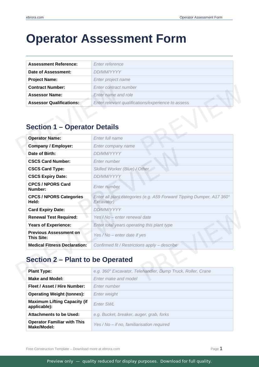 Preview of Operator Assessment Form — first two pages at A4 size