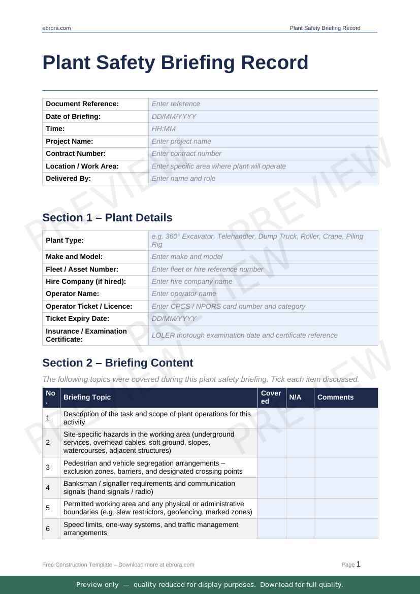 Preview of Plant Safety Briefing Record — first two pages at A4 size