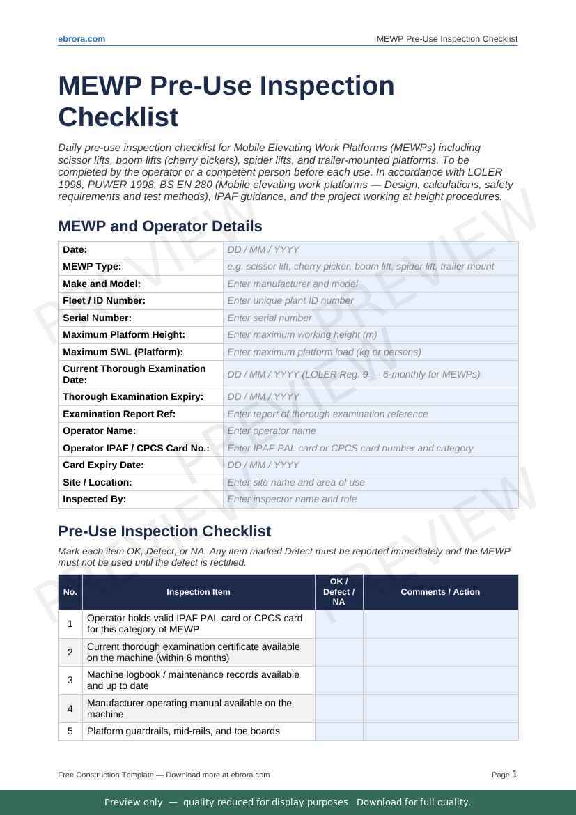 Preview of Mewp Pre Use Inspection Checklist — first two pages at A4 size