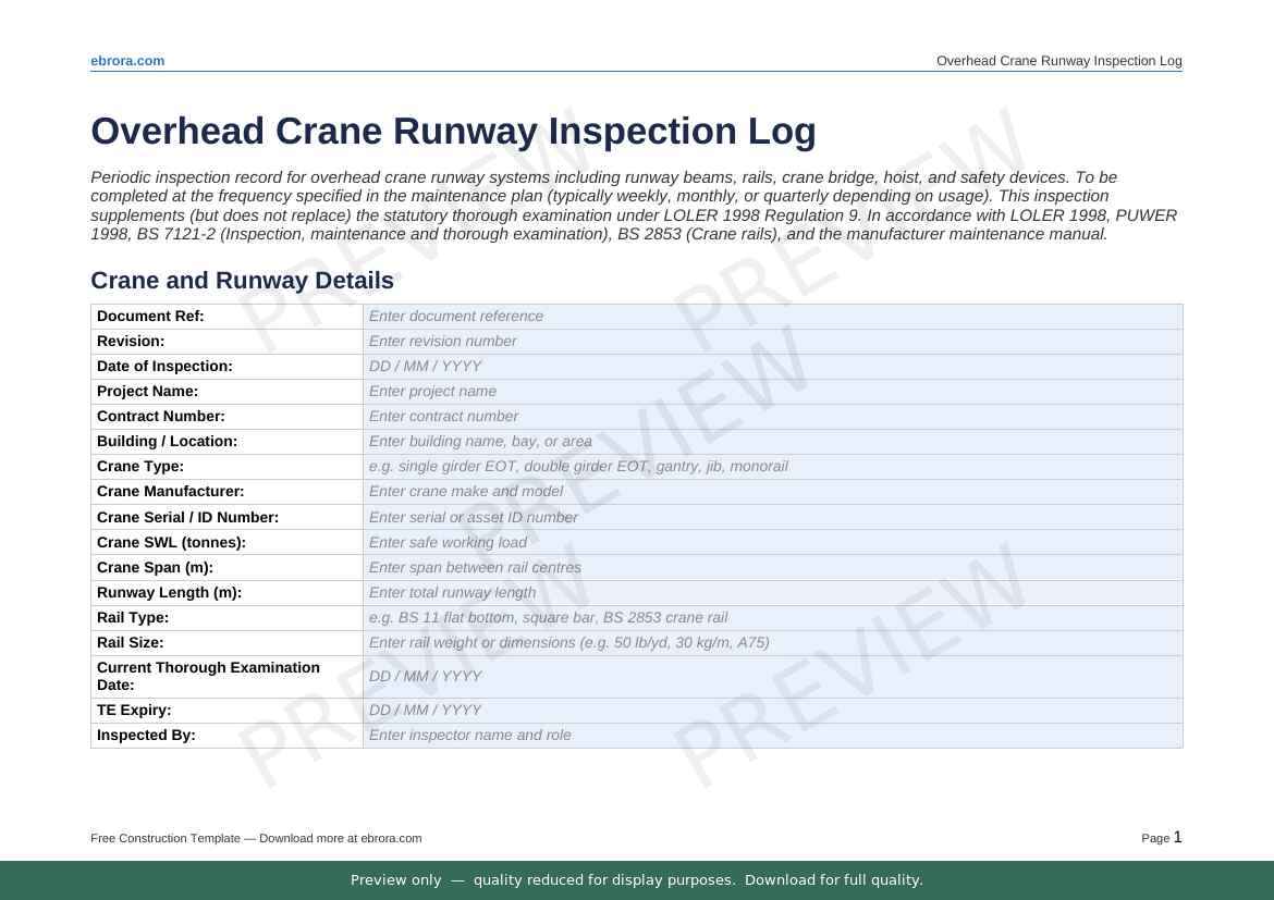 Preview of Overhead Crane Runway Inspection Log — first two pages at A4 size