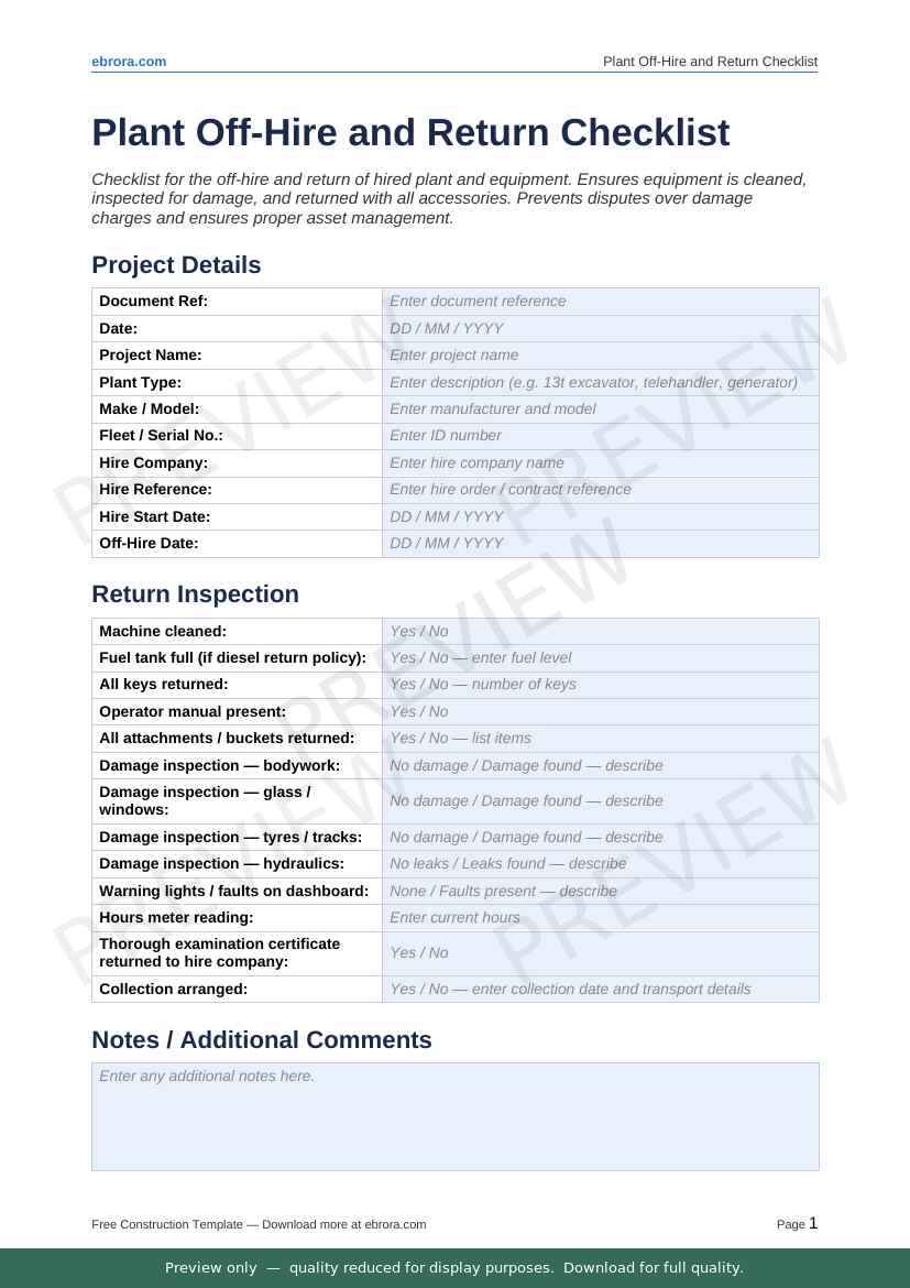 Preview of Plant Off Hire and Return Checklist — first two pages at A4 size