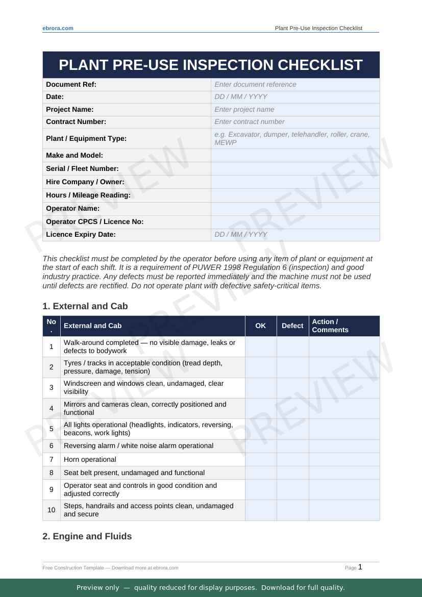 Preview of Plant Pre Use Inspection Checklist — first two pages at A4 size