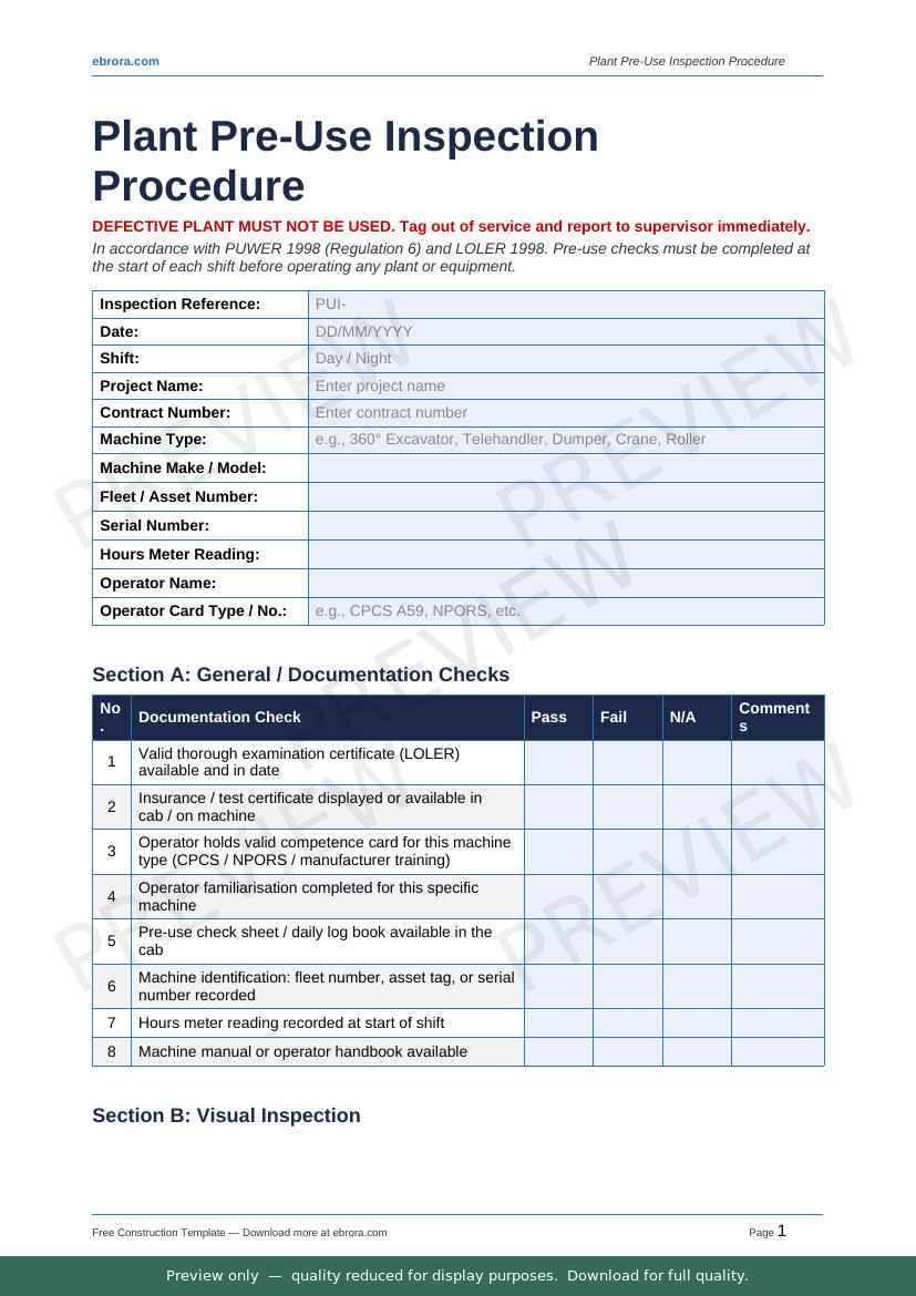 Preview of Plant Pre Use Inspection Procedure — first two pages at A4 size