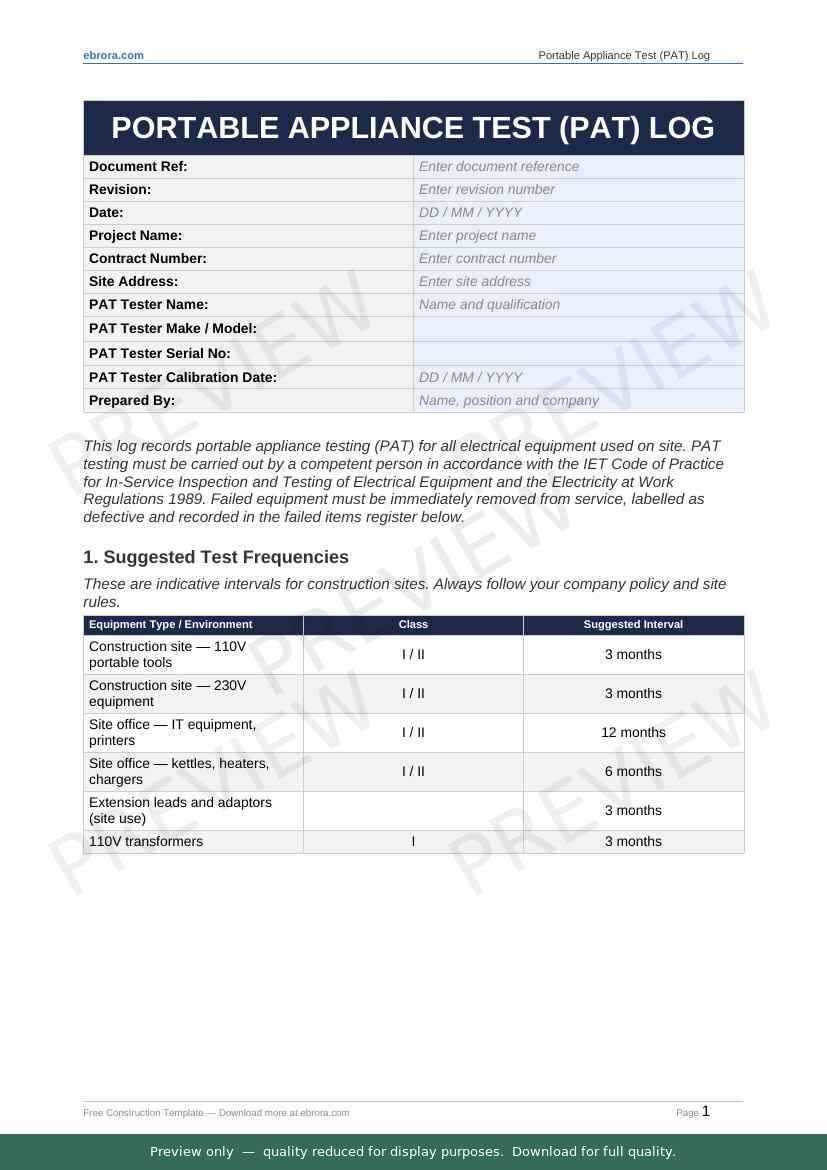 Preview of Portable Appliance Test Pat Log — first two pages at A4 size