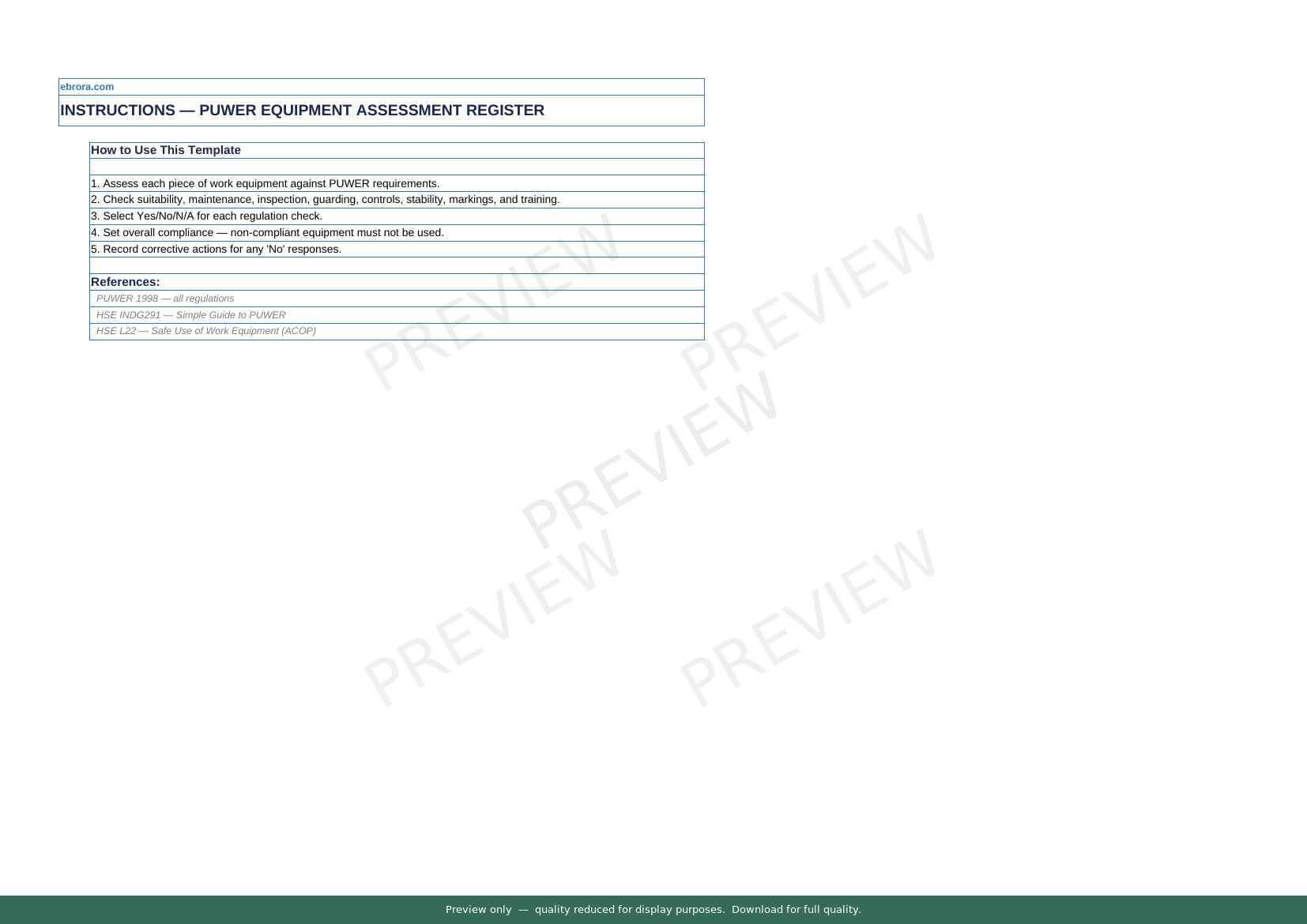 Preview of Puwer Equipment Assessment Register — first two pages at A4 size
