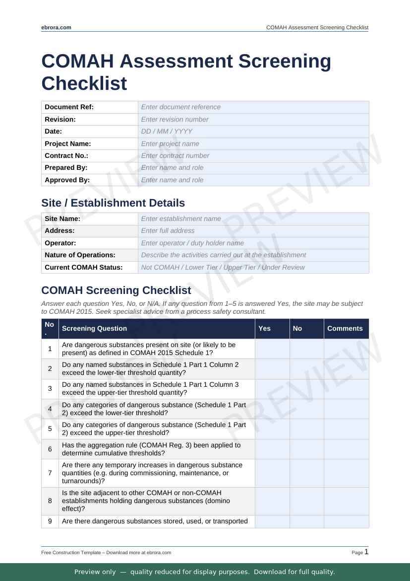 Preview of Comah Assessment Screening Checklist — first two pages at A4 size