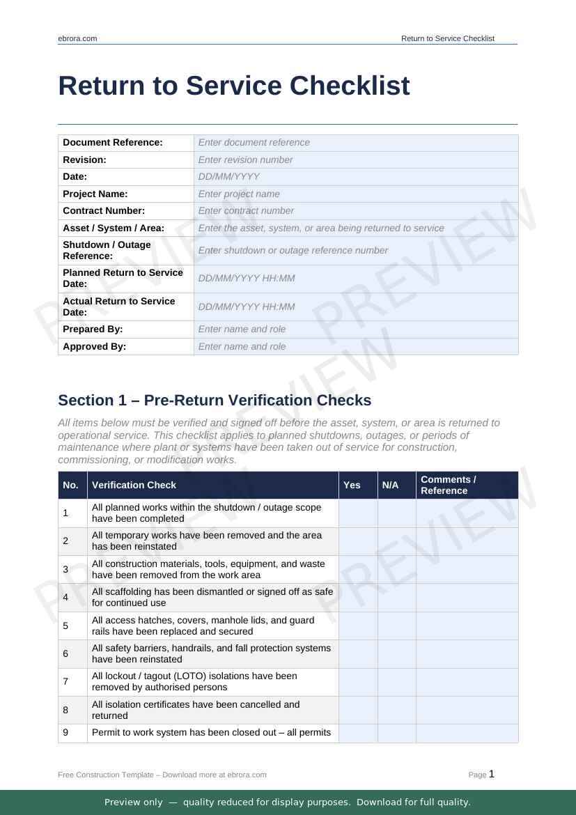 Preview of Return to Service Checklist
