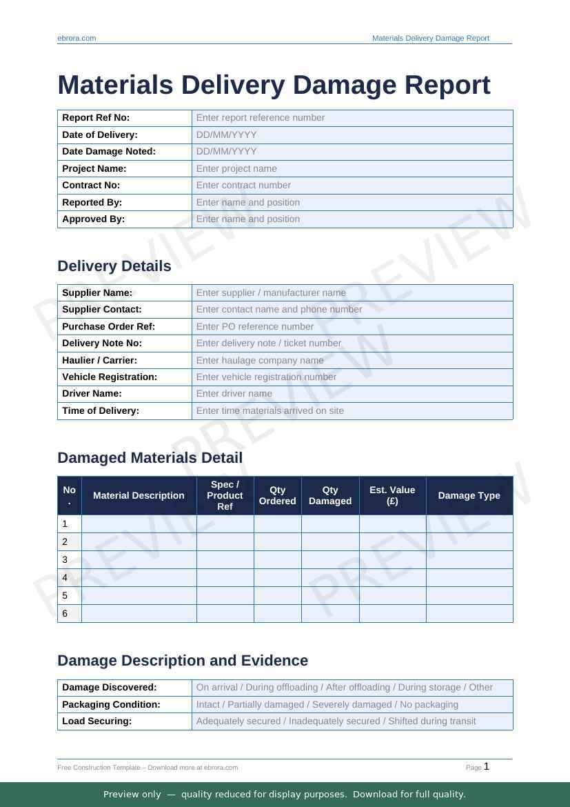 Preview of Materials Delivery Damage Report — first two pages at A4 size