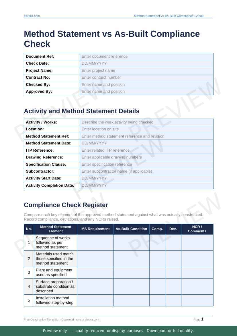 Preview of Method Statement Vs As Built Compliance Check — first two pages at A4 size