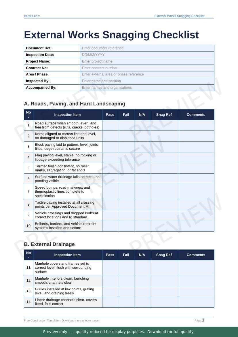 Preview of External Works Snagging Checklist — first two pages at A4 size