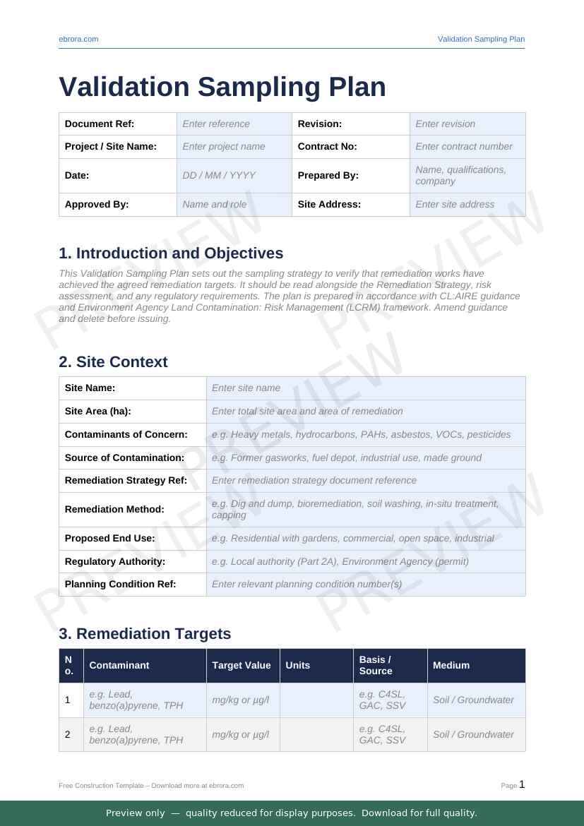 Preview of Validation Sampling Plan — first two pages at A4 size