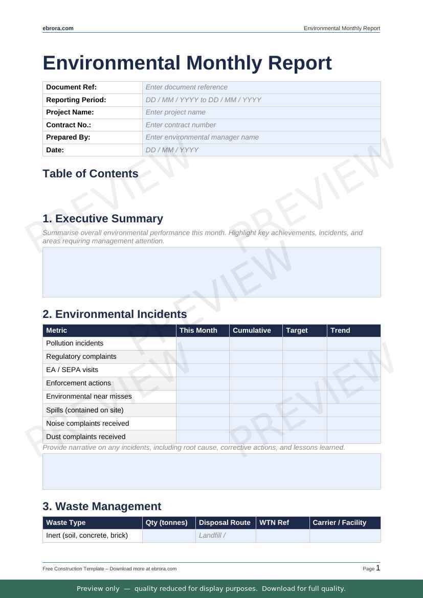 Preview of Environmental Monthly Report — first two pages at A4 size