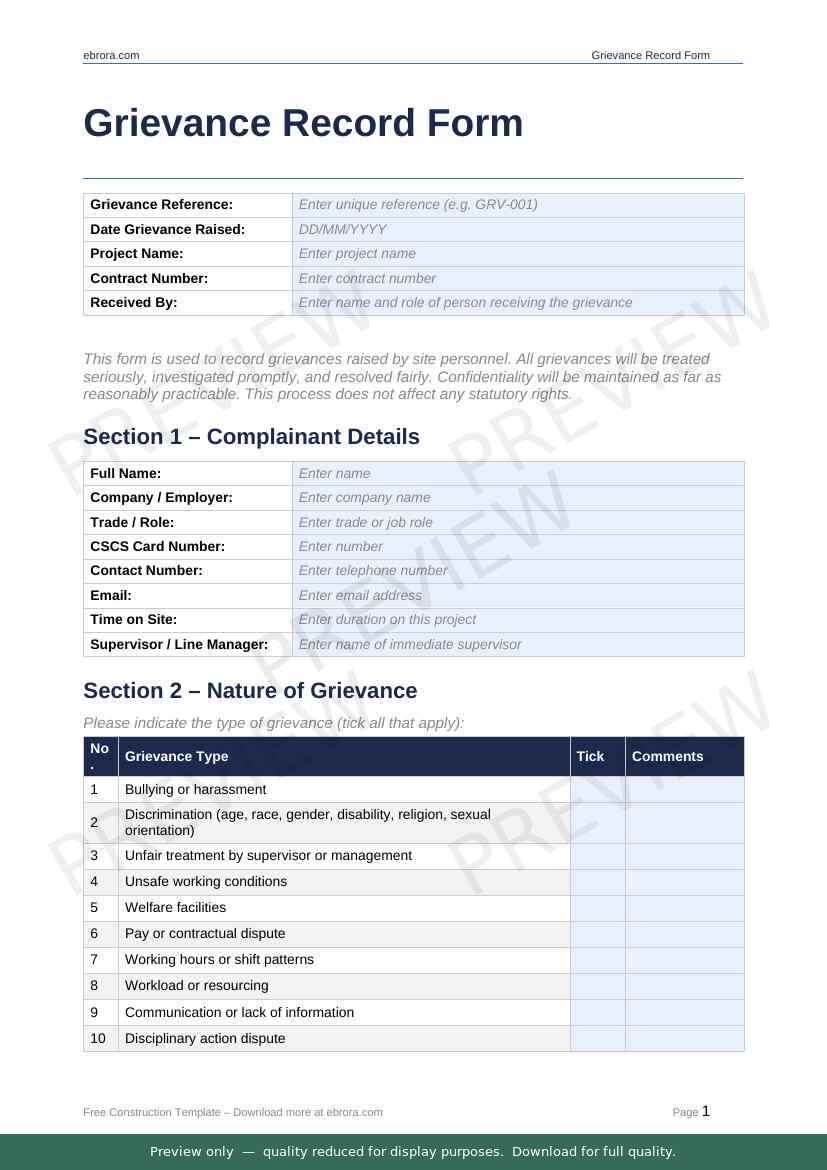Preview of Grievance Record Form — first two pages at A4 size