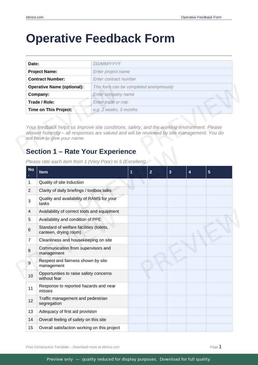 Preview of Operative Feedback Form — first two pages at A4 size
