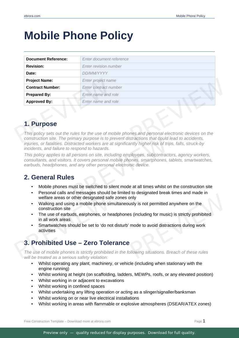 Preview of Mobile Phone Policy — first two pages at A4 size