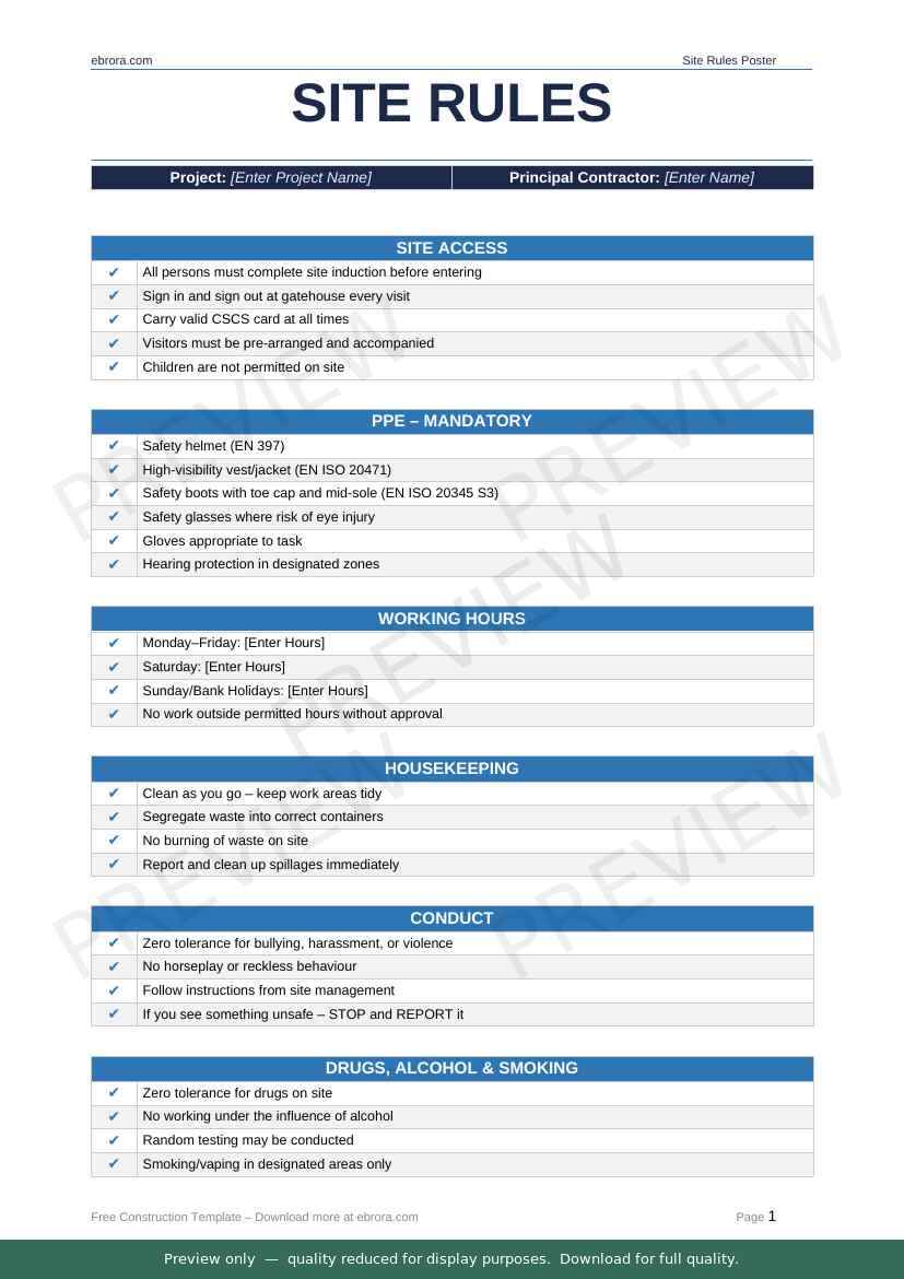 Preview of Site Rules Poster — first two pages at A4 size