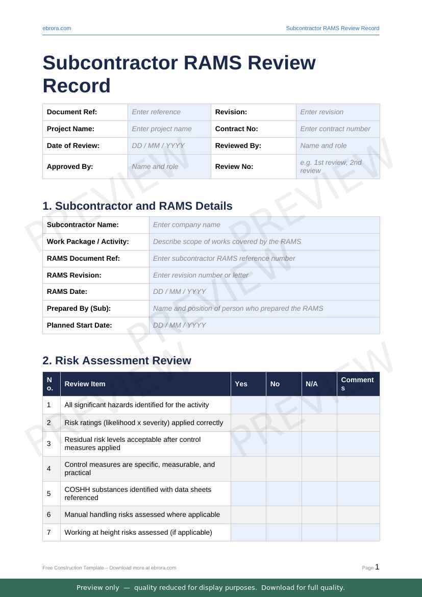 Preview of Subcontractor Rams Review Record — first two pages at A4 size