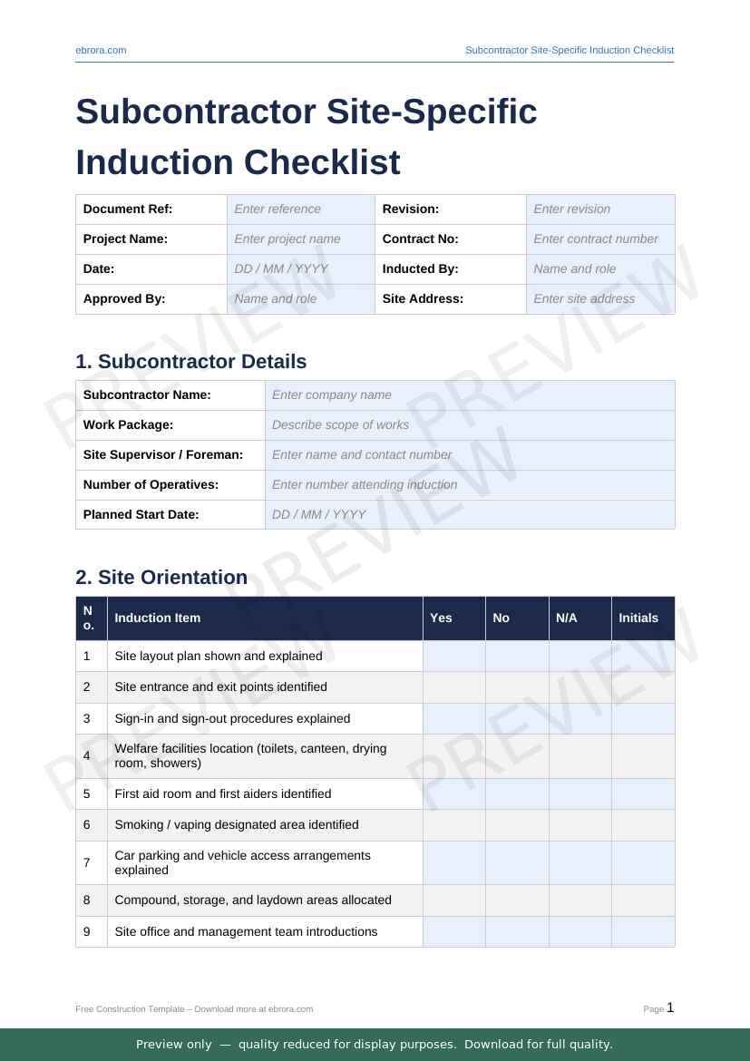 Preview of Subcontractor Site Specific Induction Checklist — first two pages at A4 size