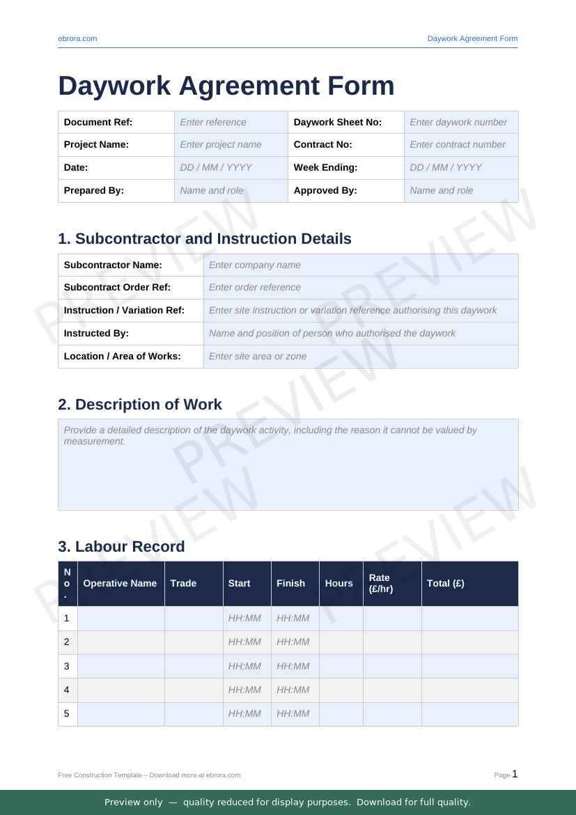 Preview of Daywork Agreement Form — first two pages at A4 size