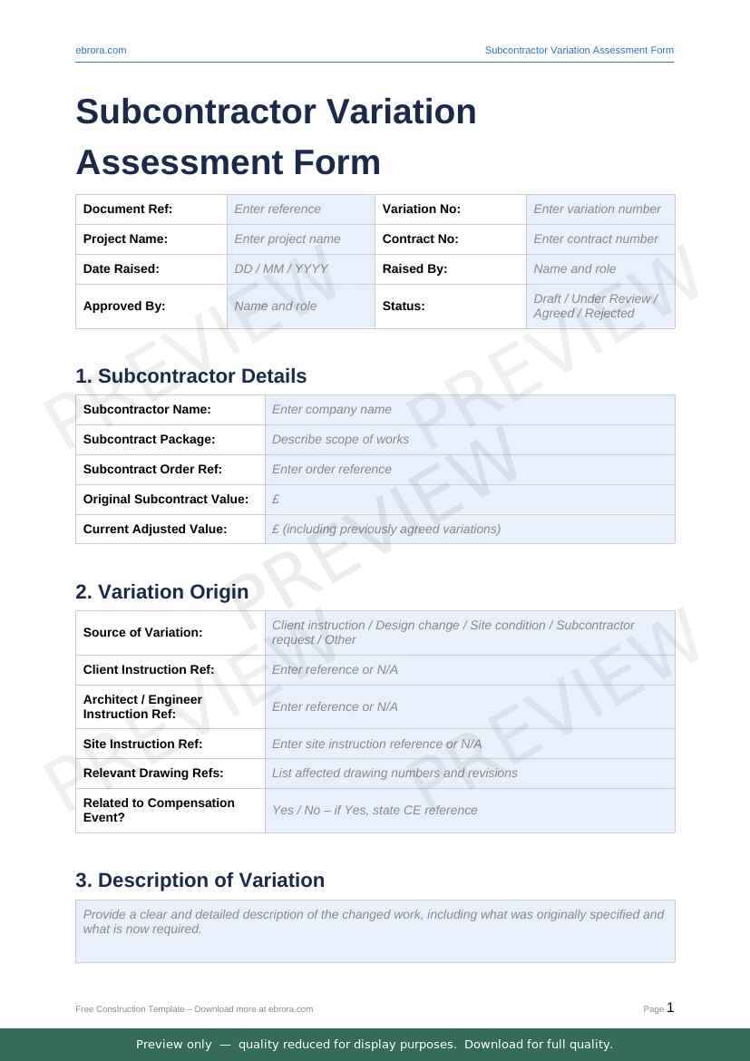 Preview of Subcontractor Variation Assessment Form — first two pages at A4 size