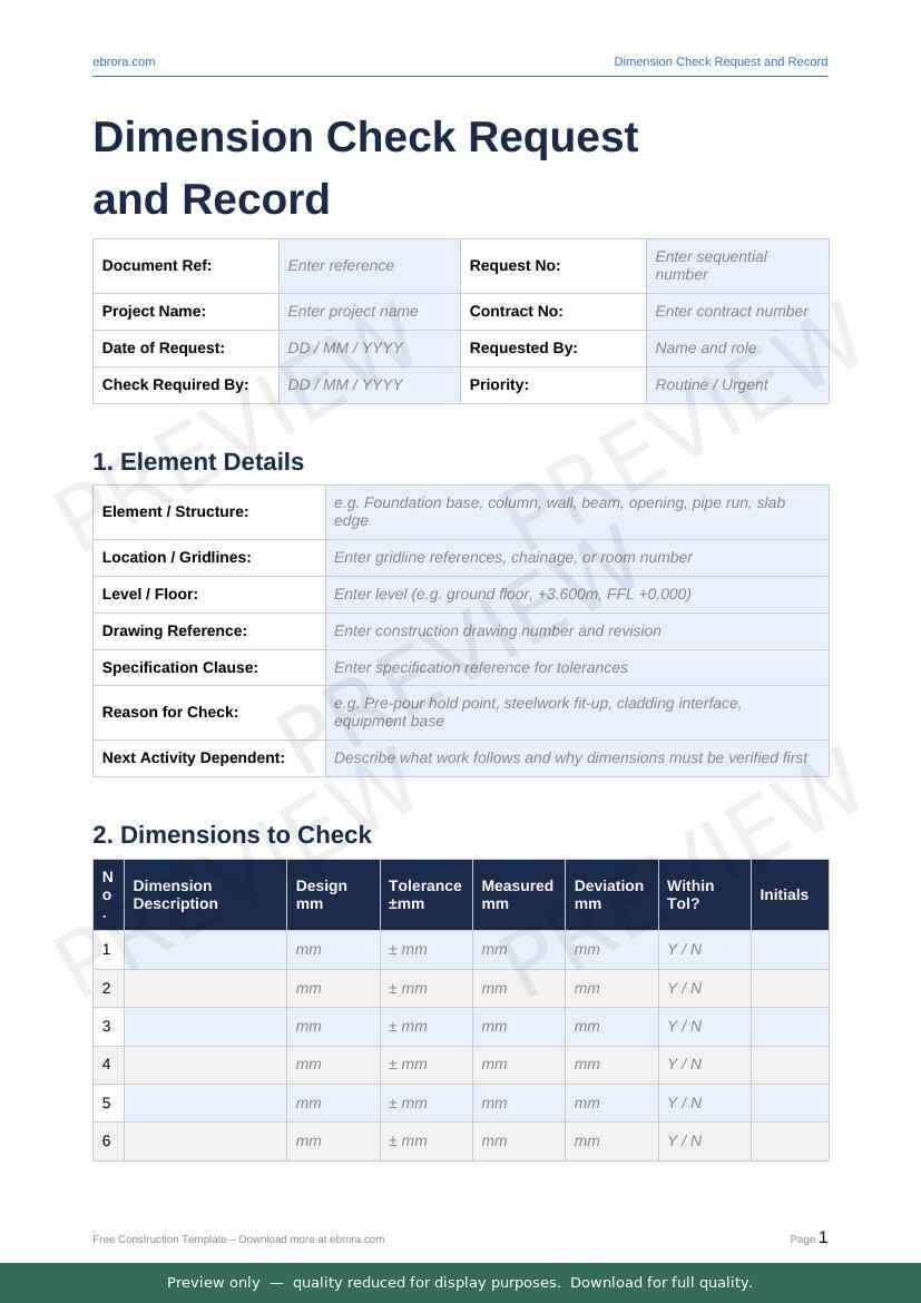 Preview of Dimension Check Request and Record — first two pages at A4 size