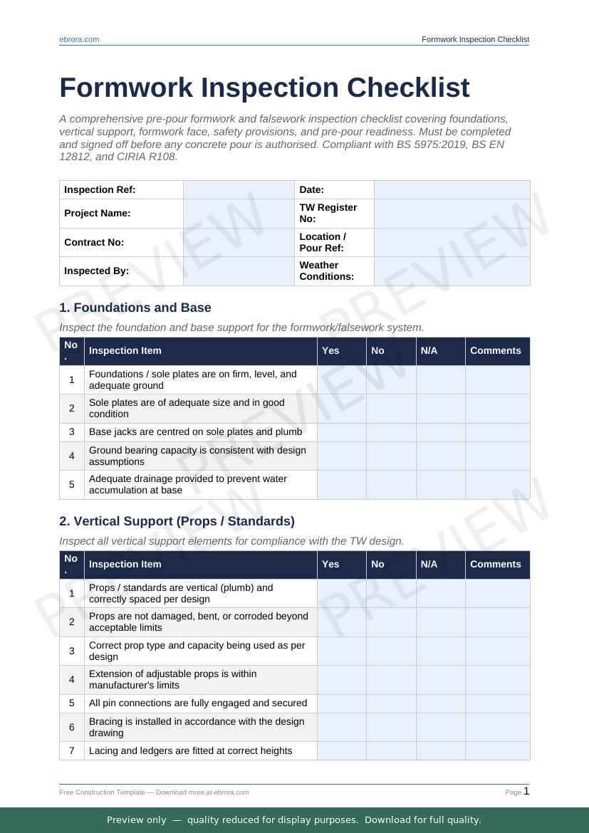 Preview of Formwork Inspection Checklist