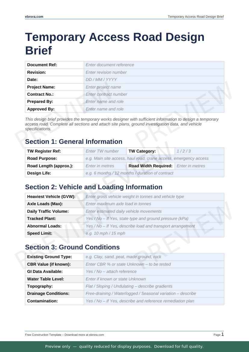 Preview of Temporary Access Road Design Brief — first two pages at A4 size