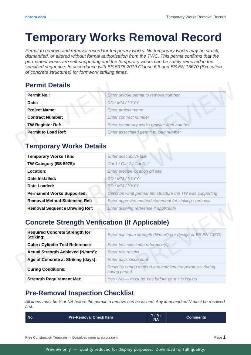 Preview of Temporary Works Removal Record
