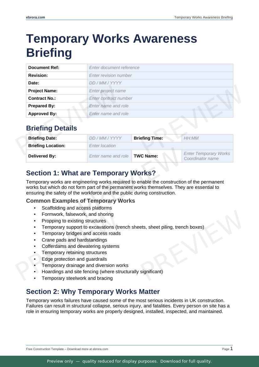 Preview of Temporary Works Awareness Briefing — first two pages at A4 size