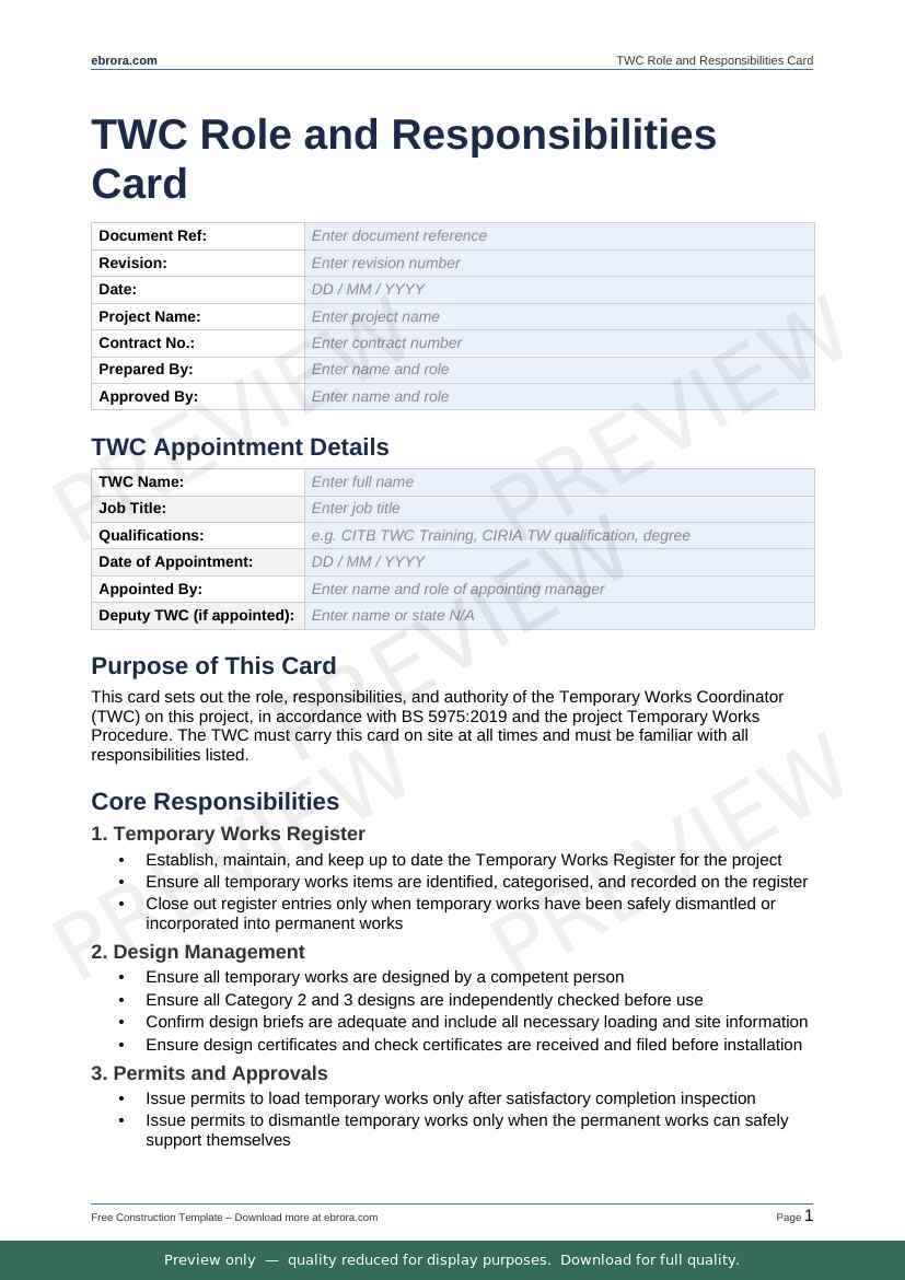 Preview of Twc Role and Responsibilities Card — first two pages at A4 size