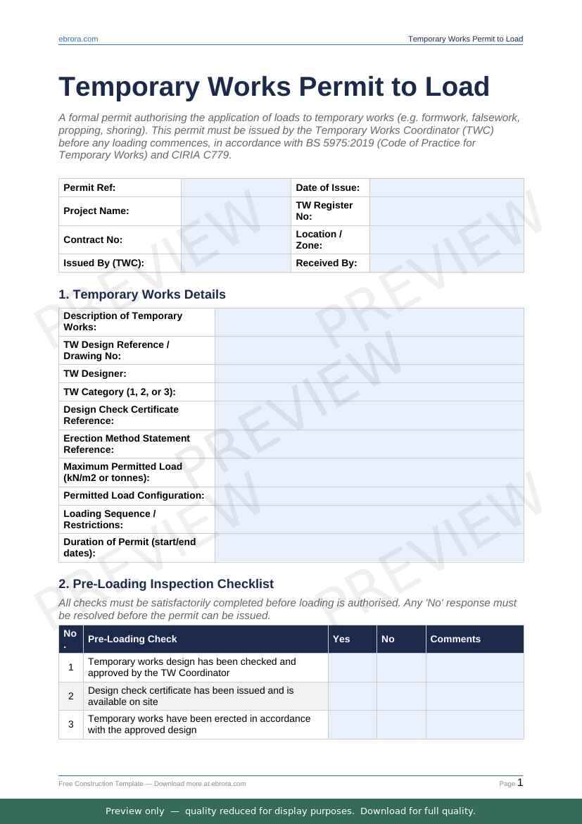 Free TW Registers Templates Temporary Works Ebrora