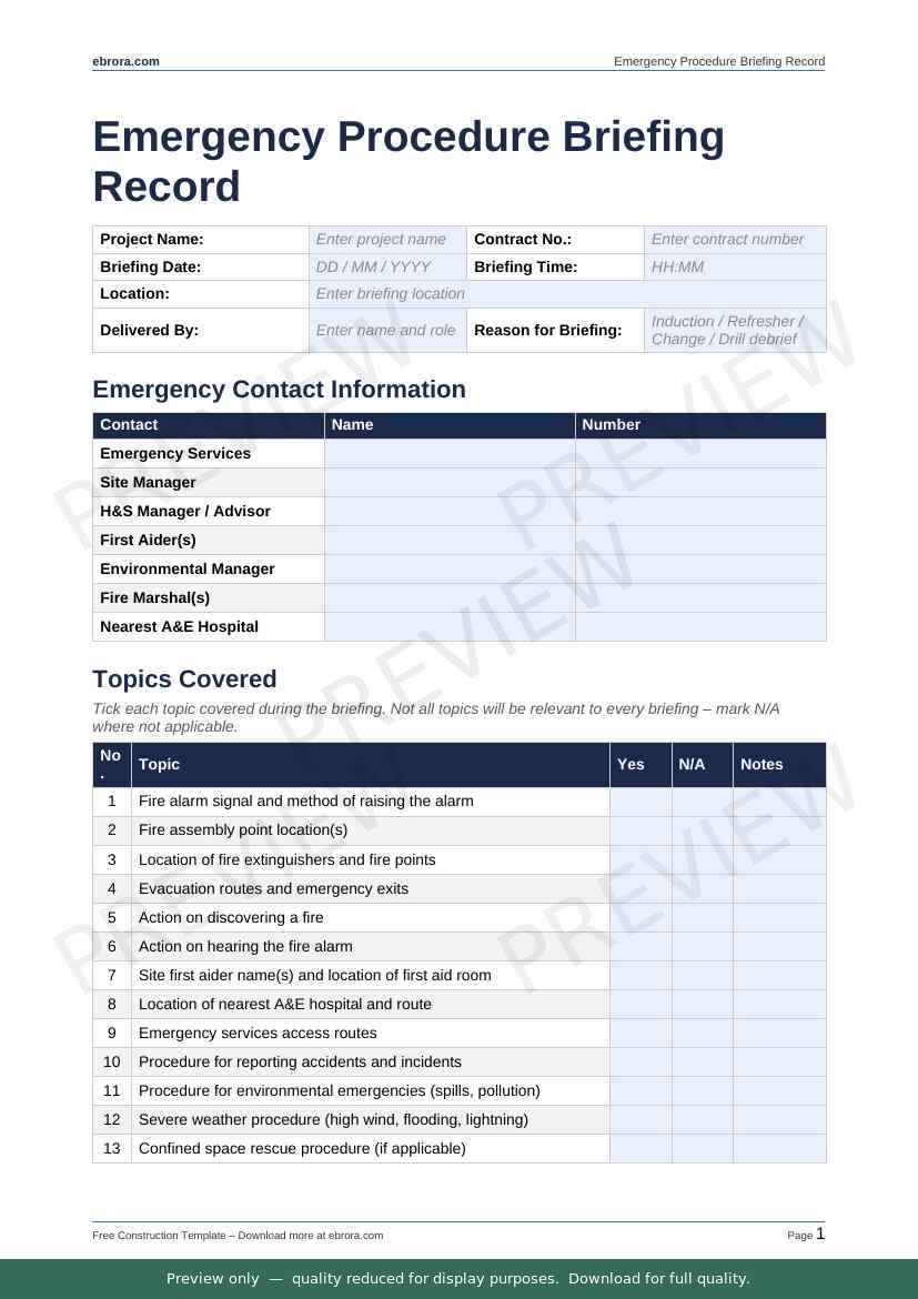 Preview of Emergency Procedure Briefing Record — first two pages at A4 size