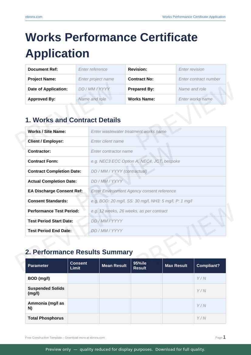 Preview of Works Performance Certificate Application — first two pages at A4 size