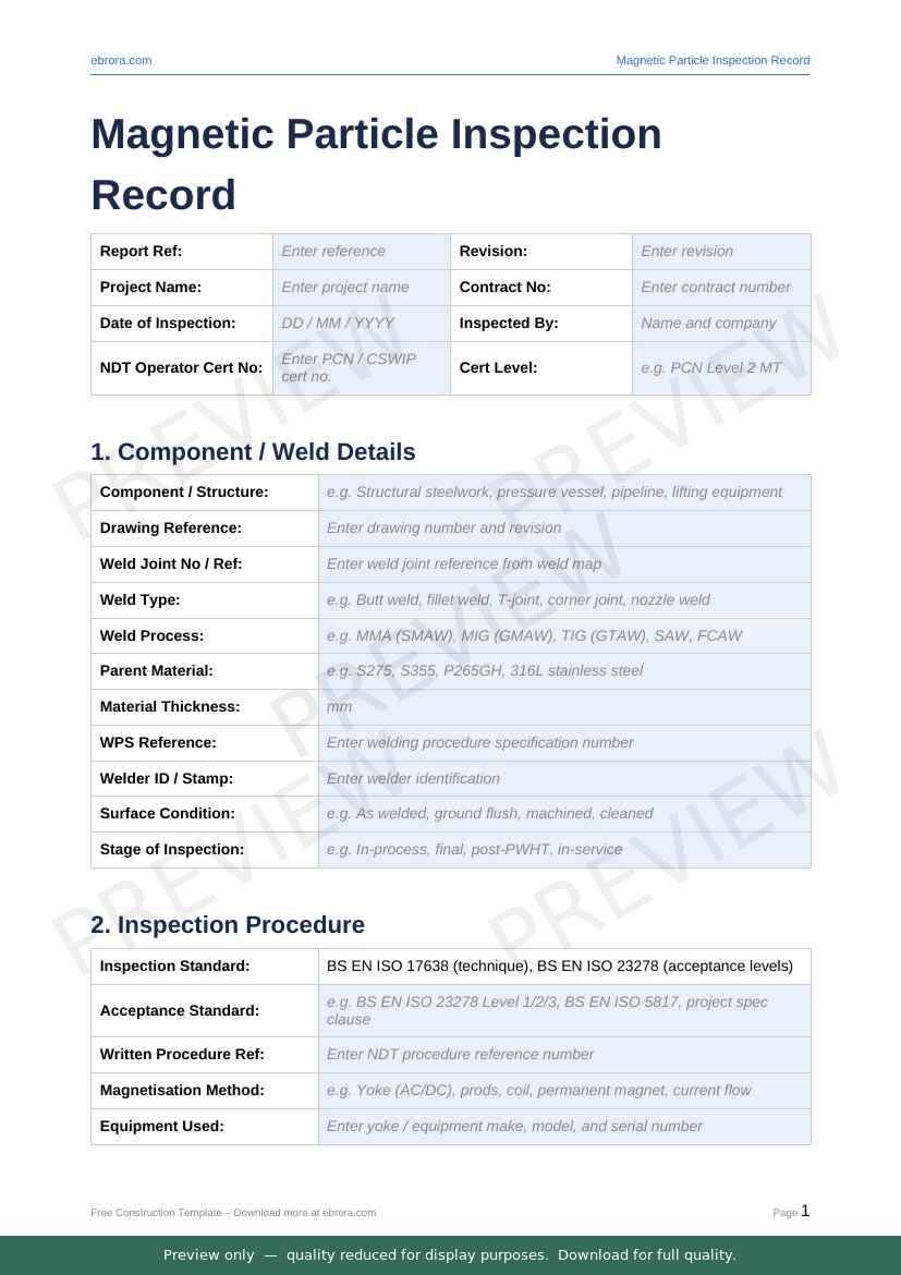 Preview of Magnetic Particle Inspection Record — first two pages at A4 size