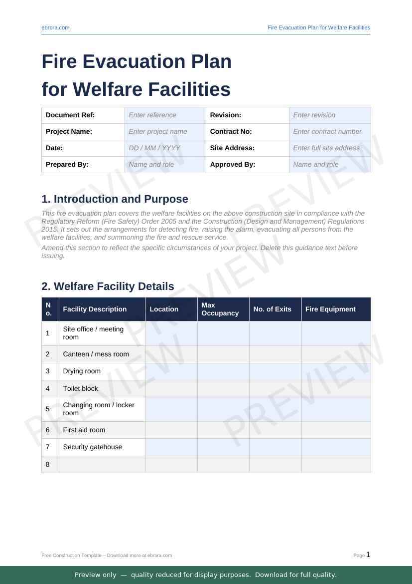 Preview of Fire Evacuation Plan for Welfare Facilities — first two pages at A4 size