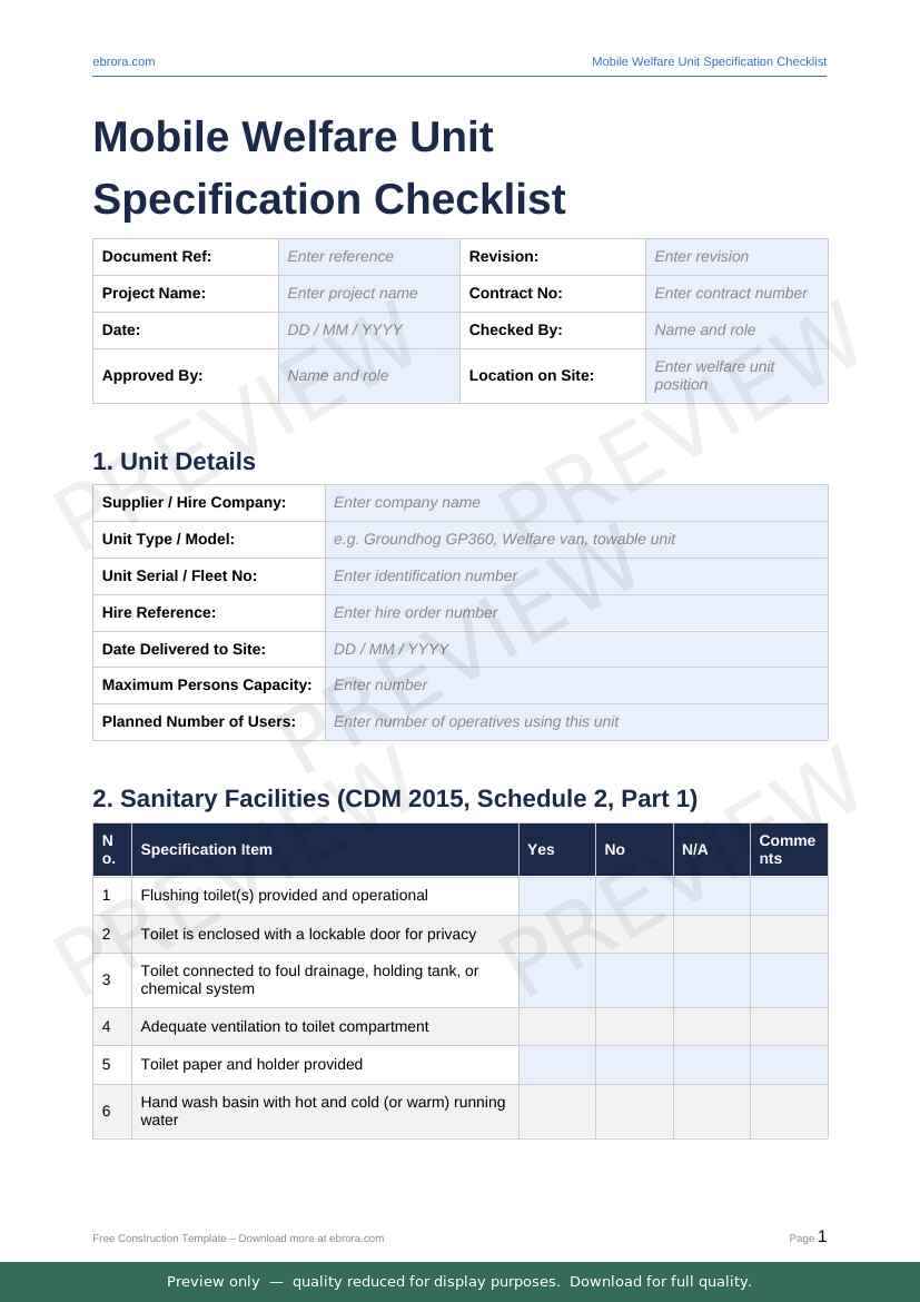Preview of Mobile Welfare Unit Specification Checklist — first two pages at A4 size